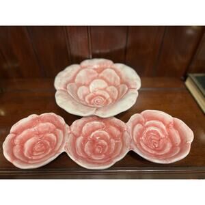 Maxcera Pink Rose Peony Serving Bowl with Trio Dip Bowl Set Attached
